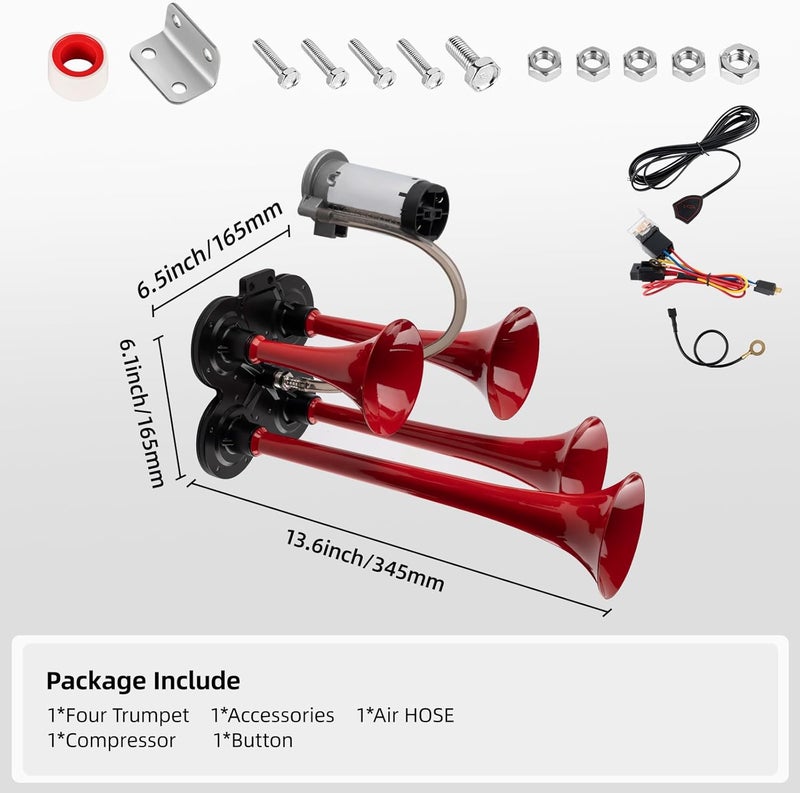 OVANOH 150db 12V Train Horn Kit，Red 4 Speakers， Air Horn With Compressor Compatible For Trucks Cars Semi Trailers Pickup Motorhome SUV Truck Train And Other Vehicles， Ultra Loud BD - Image 4